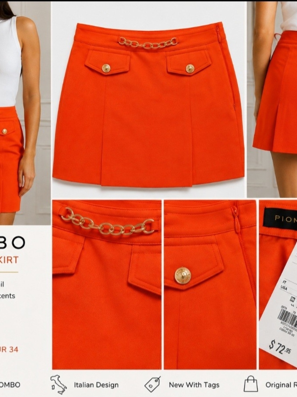Piombo Orange Mini Skirt with Gold Chain Accent - NWT Size 2